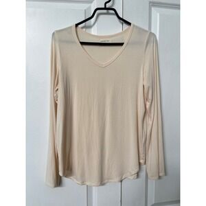 Jackson Rowe Womens Small Cream Modal V-Neck Long Sleeve Curved Hem Tee Top